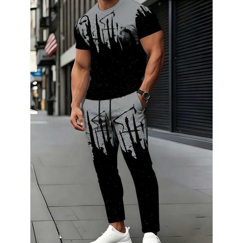 Fashion Trendy Print Men'S Athletic Suit Short Sleeve T-Shirt And Casual Long Pants Trendy Two-Piece