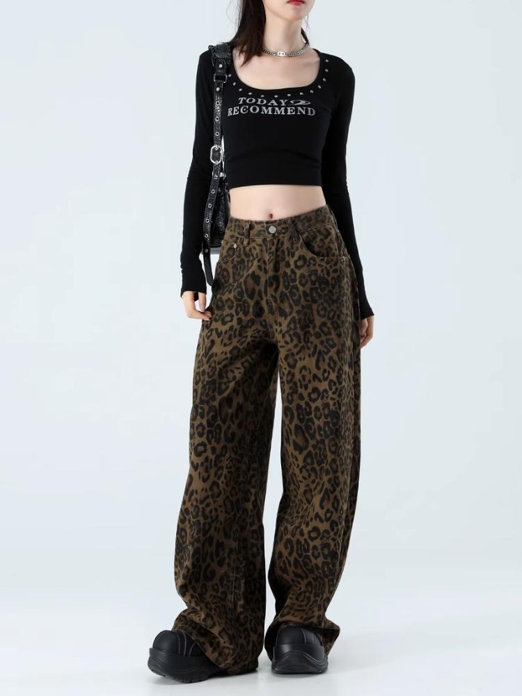 Hnědé leopardí džíny dámské džínové kalhoty dámské nadměrné široké nohavice streetwear hip hop vintage oblečení volné ležérní