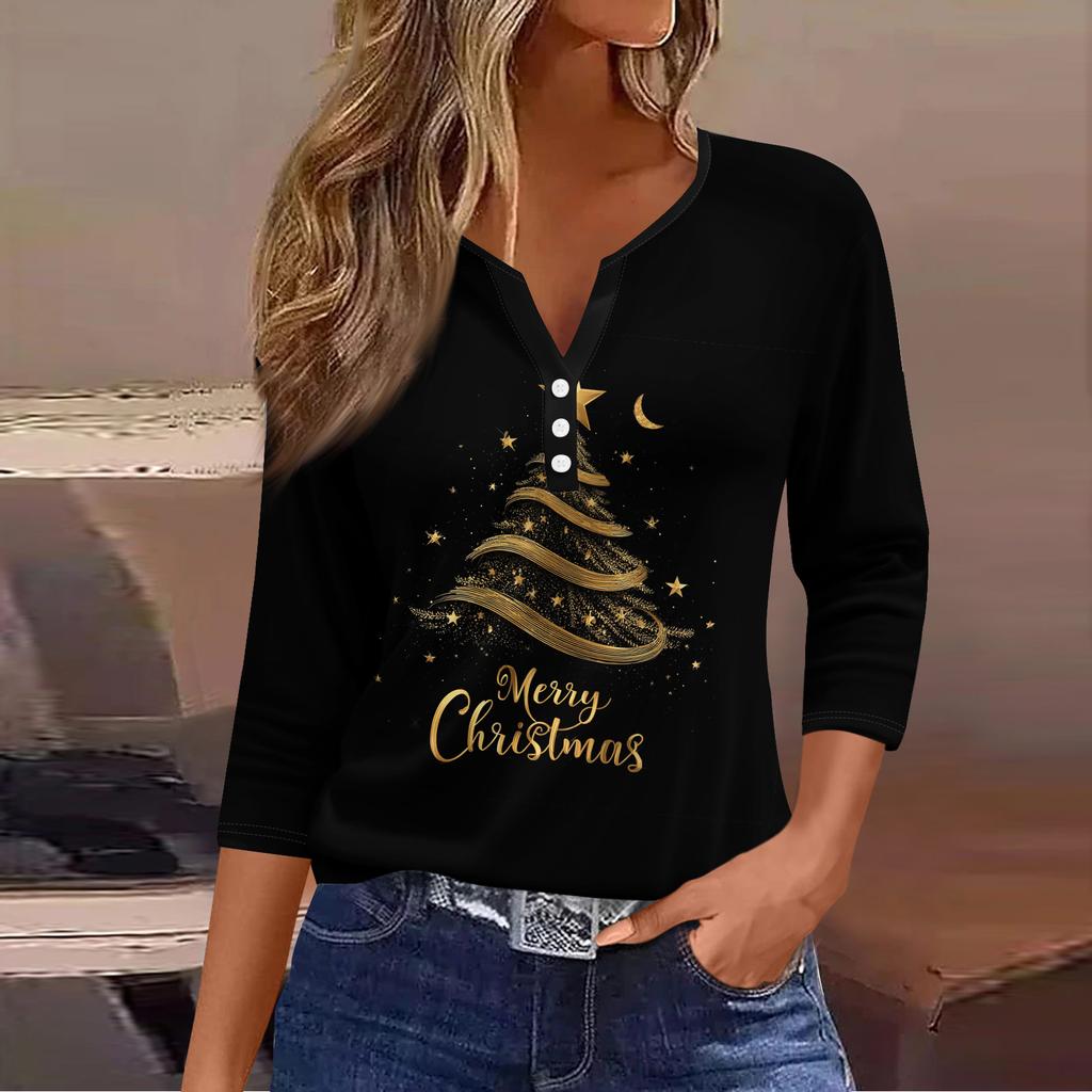 Moda Feminina Casual Estampa de Árvore de Natal Decote em V Botão Decorativo Manga Três Quartos Camiseta Top