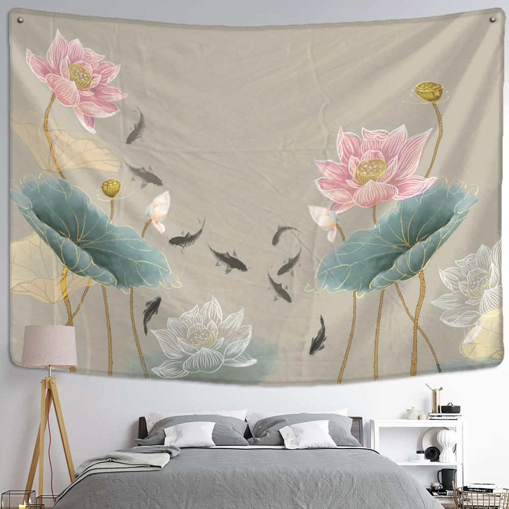 Lotus Ink Background Painting Tapestry Wall Hanging Koi Bohemian Minimalist Aesthetic Home Decoration