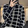 Autumn Winter New 100% Cashmere Wool Women Sweater Tailored Collar Splicing Checker Cardigan Casual Knitted Soft Jacket Tops