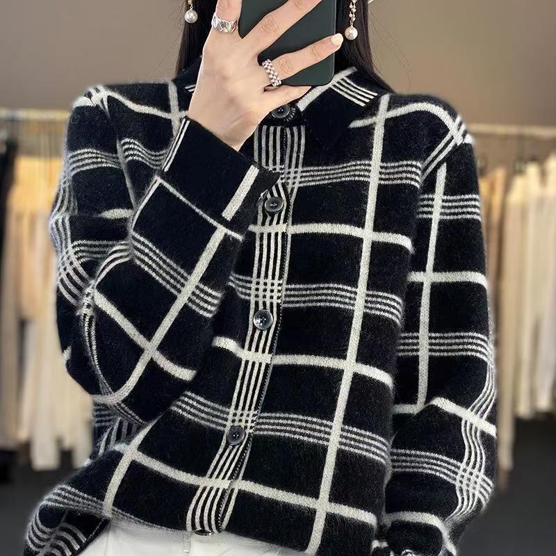 Autumn Winter New 100% Cashmere Wool Women Sweater Tailored Collar Splicing Checker Cardigan Casual Knitted Soft Jacket Tops