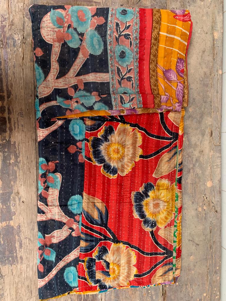 Hand-Stitched Floral Kantha Quilt: Reversible Indian Cotton Throw