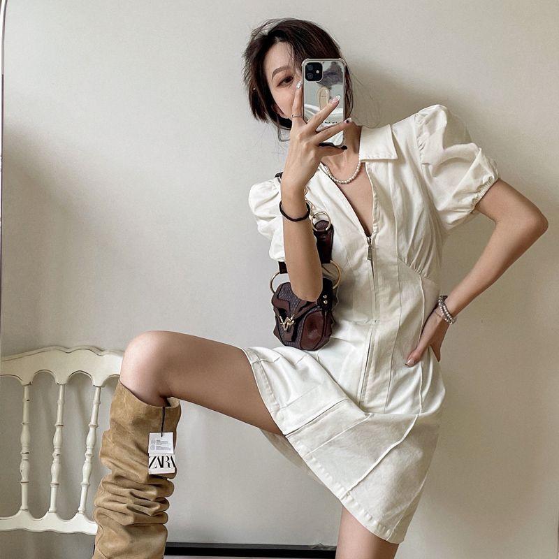 

Style Retro Loose-Fit Sexy Short Sleeve Dress Women s Summer Plus Size Ladies Tight Waist Slim Looking Adult Lady like Woman Fried Street Short Skirt White S code [recommended 40.00 kg-45.00 kg]]