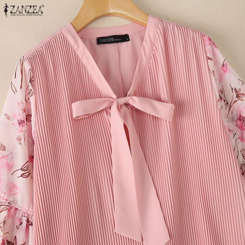 ZANZEA Women Casual V-Neck Floral Print Splice 3/4 Sleeve Loose Blouse