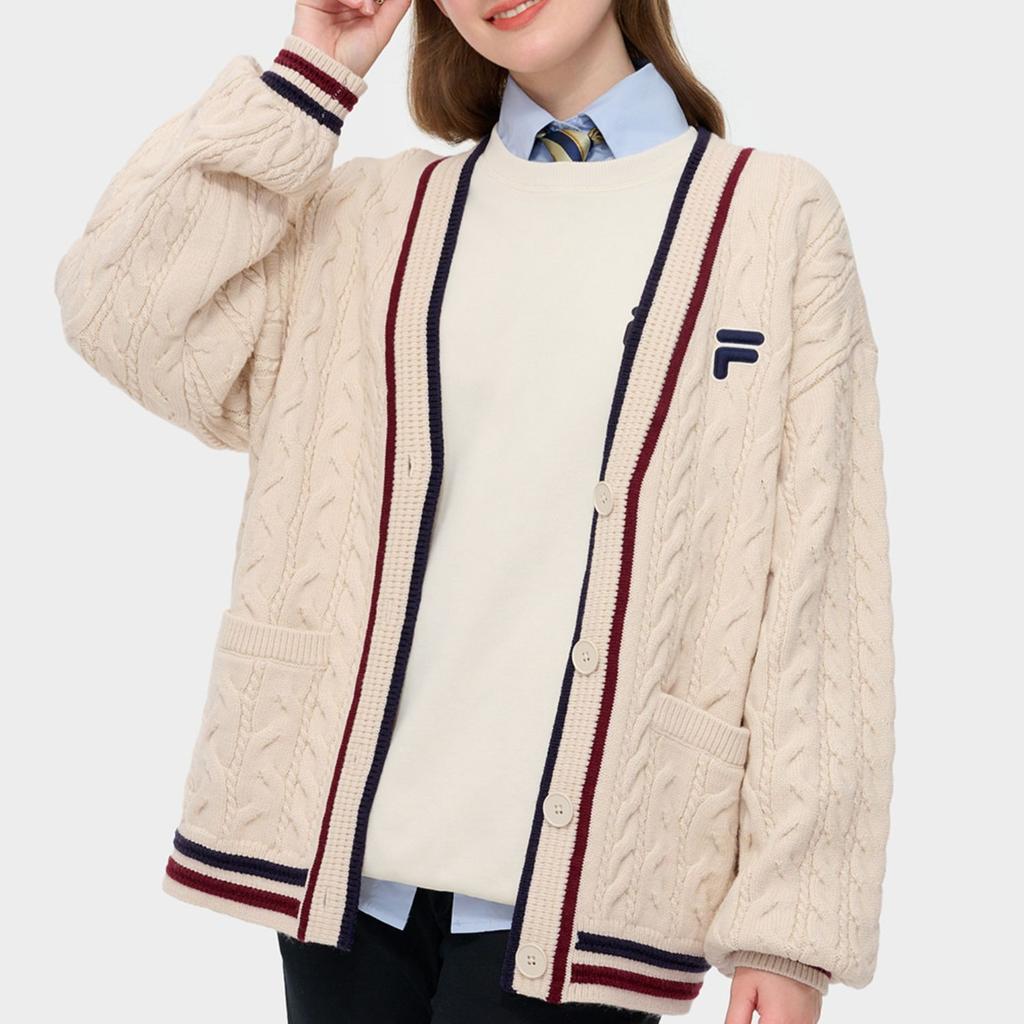 Fila Fusion Retro College Fashion Versatile V-Neck Knit Sweater Women Tops Milk-Beige T11W433403FBG