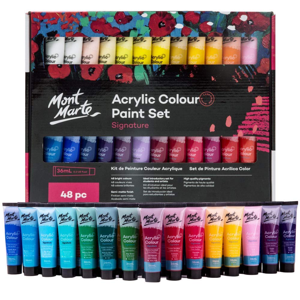 

Mont Marte Acrylic Paint Set, 48 Colors, 36ml each. A fantastic set perfect for fabrics, canvases, wood products, leather, cardboard, ceramics, paper,