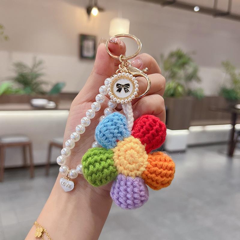 Handmade Crochet Flower Keychain Set, Colorful Knit Flower Bag Charm with Pearl Strap,Crochet Flower Keychain, Pearl Strap Charm