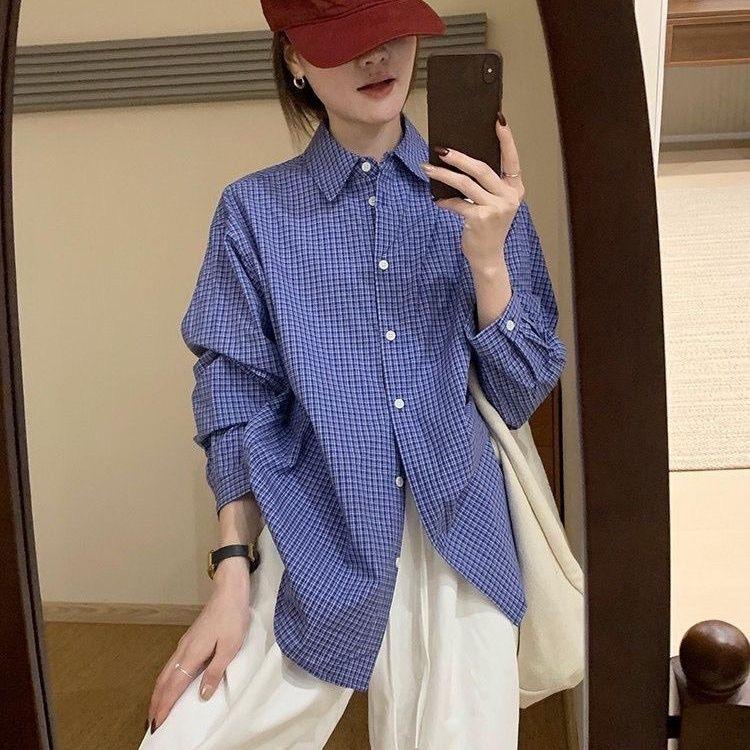 American Style Relaxed Loose Blue Plaid Shirt for Women, Spring/Autumn Casual Versatile Vintage Long-Sleeve Shirt Layered Top