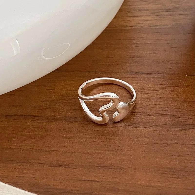 Real 925 Silver Hollow Heart Opening Adjustable Rings for Women Cute Fine Jewelry Minimalist Asymmetric Accessories