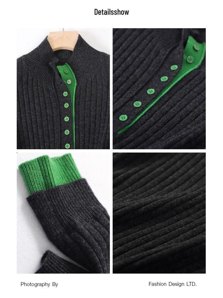 Women's Spring Color Block Knitted Sweater - Plus Size, Layered High-Neck, Half-Open Design