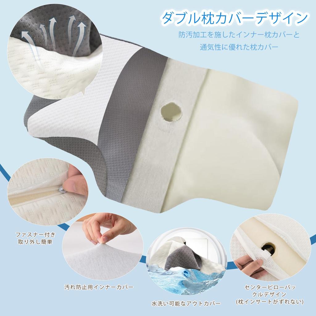 Aicomri Memory Foam Pillow for Neck Pain Relief, Sleep Pillow with Concave Ear and Back Hollow Design, Double Pillowcase, and Adjustable Height.