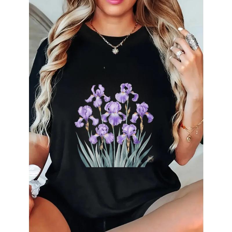 Black Oversized T Shirt With Purple Iris Flower Print For Casual Wear