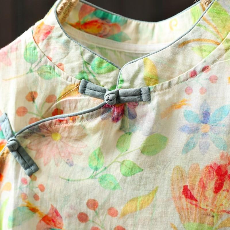 Johnature Women Chinese Style Print Floral Shirts Stand Sleeveless Button Summer Blouses Vintage Female Shirts