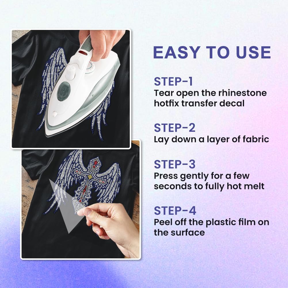 White Rhinestone Iron On Transfer Cross Wings Bling Diamond Hotfix Patches for Clothes, Large Iron On Sequin Applique for Jeans Jacket Caps Bag