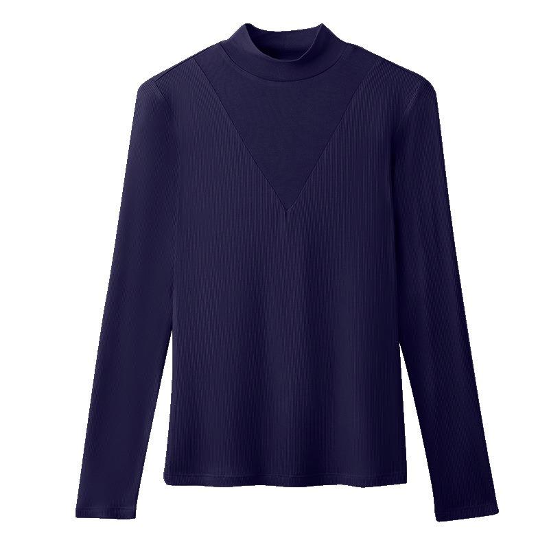 Mid Autumn Splicing Half High Collar Solid Color Long Sleeve T-shirt for Women Bottom Shirt