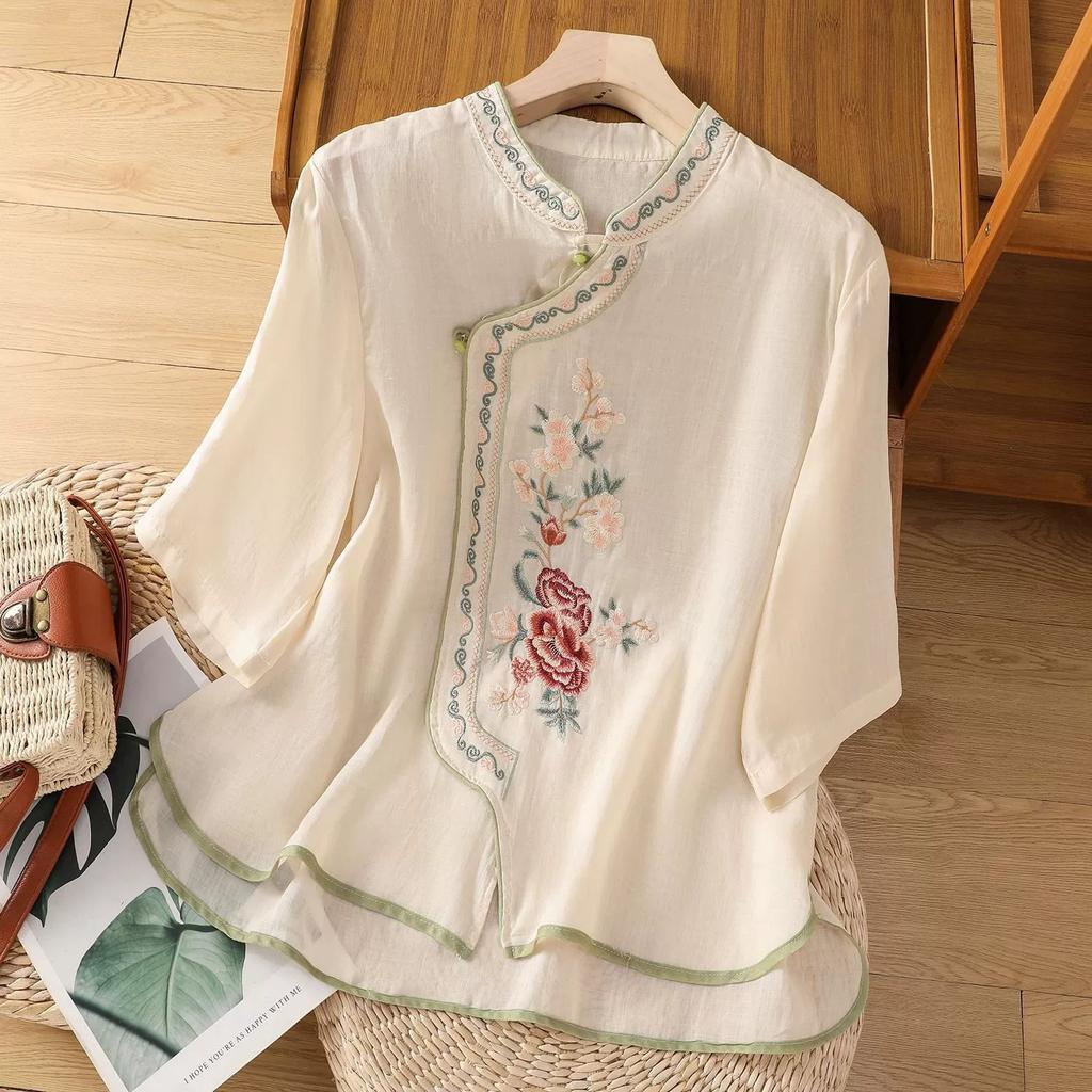 Casual Loose Blouse Shirt Women Clothes Summer Cotton Linen Ladies Tops Tee Blusas Vintage Embroidery Woman Shirt