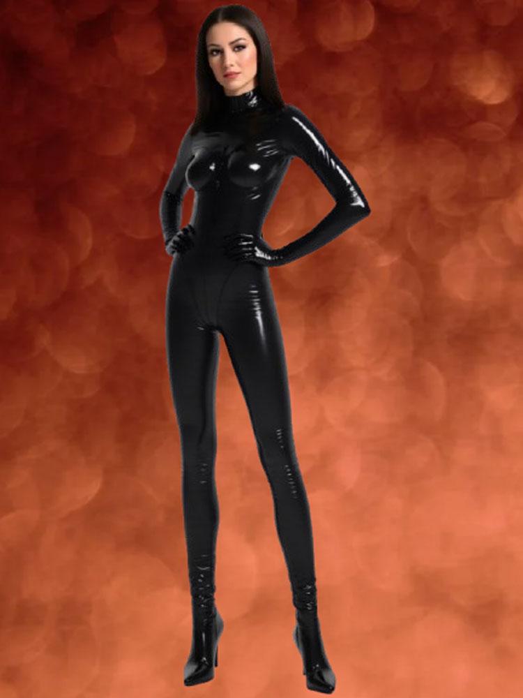 Combinaison Brillante PVC Wetlook Amincissante Poitrine Chaude Sexy Zentai Bodysuit Faux Latex Gant Cinq Doigts Collant Intégral Leotard Femme