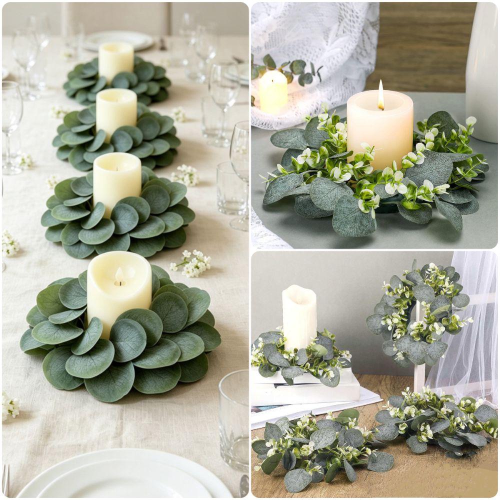 Rose Flower Artificial Eucalyptus Wreath Faux Greenery Desktop Candle Ornament Porch Wall