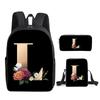 Fashion Novelty Flower letters A-Z 3D Print 3pcs/Set pupil School Bags Laptop Daypack Backpack Inclined shoulder bag Pencil Case
