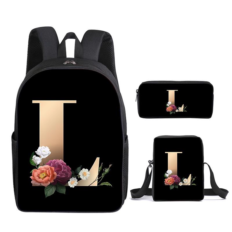 Fashion Novelty Flower letters A-Z 3D Print 3pcs/Set pupil School Bags Laptop Daypack Backpack Inclined shoulder bag Pencil Case