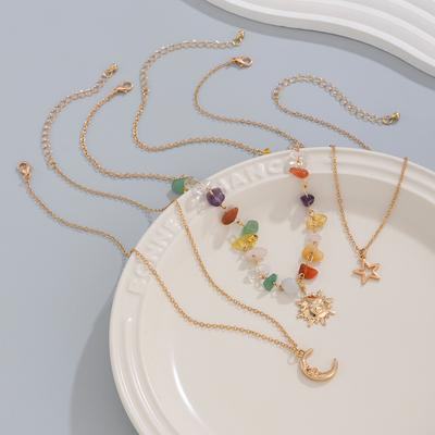 Conjunto de Collar Sol Estrella Amuletos - Aleación Vintage Cadena de Cuentas Capas para Diario 3 Piezas/Set Moda para Fiesta con Accesorios de Luna Creciente