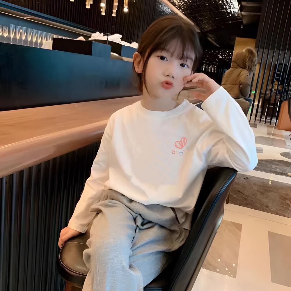 Girls' White Pure Cotton Long Sleeve T-shirt - Loose Fit, Versatile Base Layer for Spring and Autumn
