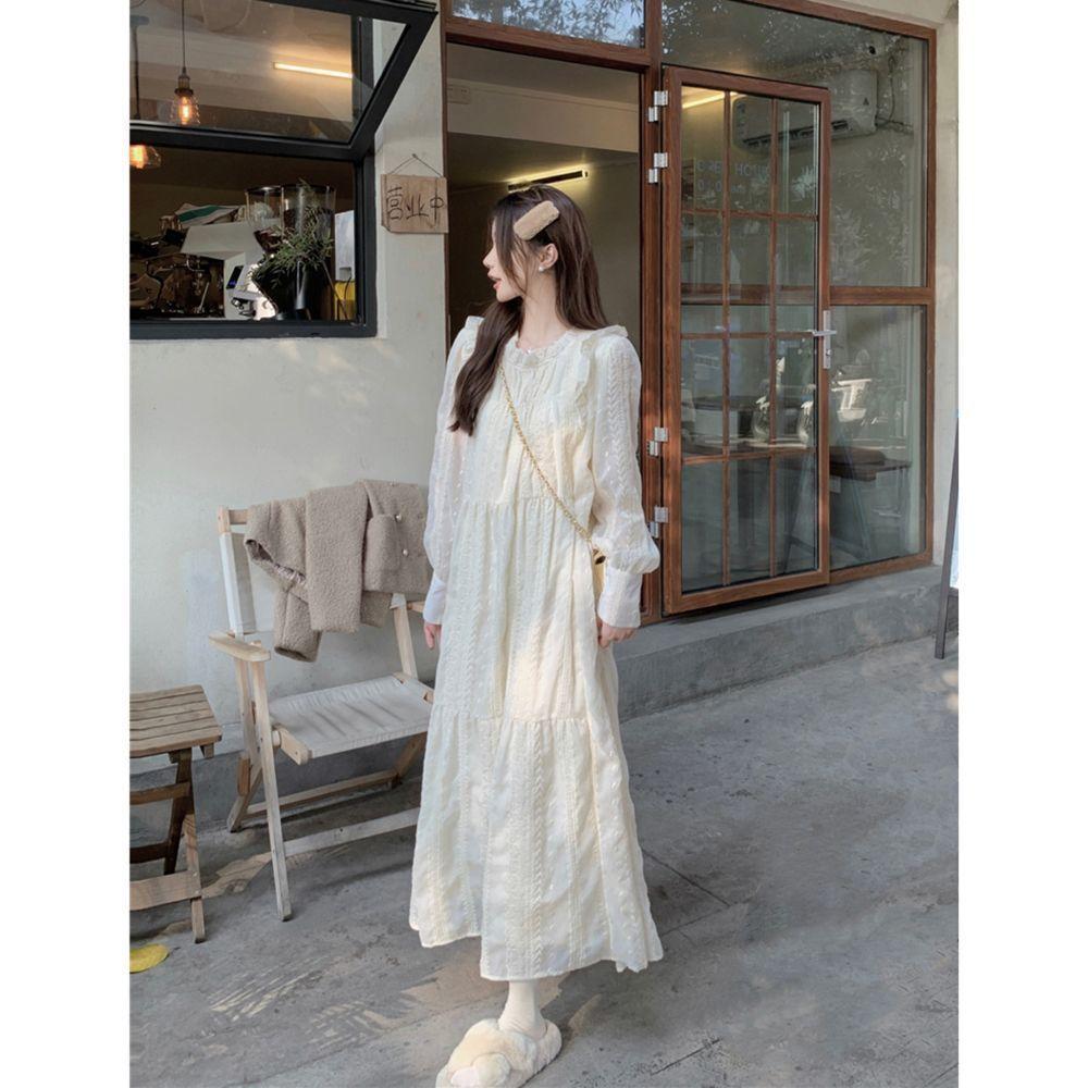 Spring Women Lace Dress With Long Sleeves And Ruffle Hem For Casual And Travel