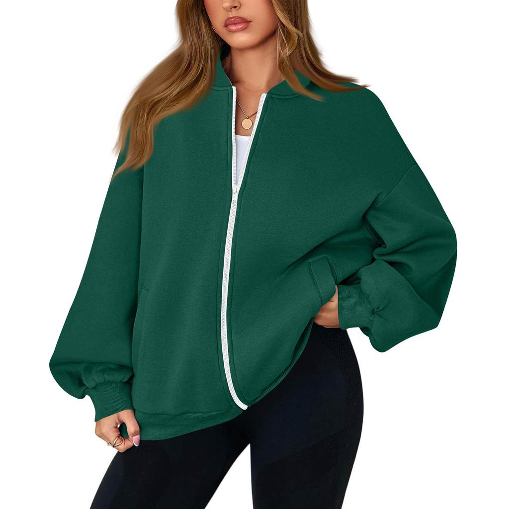 Women's Fashion Long Sleeve Color V-Neck Loose Oversize Zipper Jacket