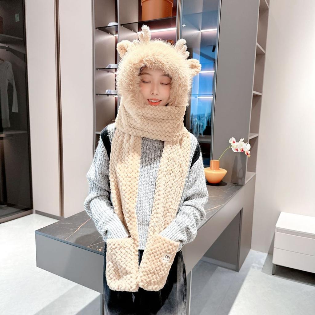 Women's Winter Hat Scarf One-piece New Deer Hooded Cycling Thick Plush Three Piece Set