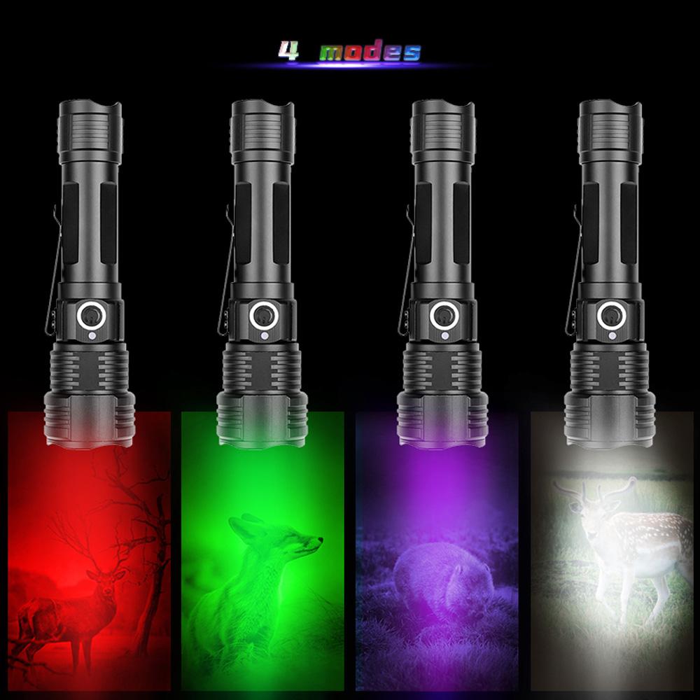 Tactical Flashlight Zoomable Red/Green/UV/White Powerful Torch USB Rechargeable Hunting Torch Professional Night Scout Lights