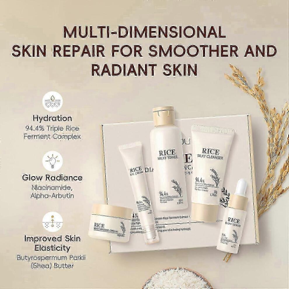25-26 Complete Korean Skincare Set with Rice-Based Cleanser, Toner, Serum, and Cream for a Radiant Glass Skin Complexion