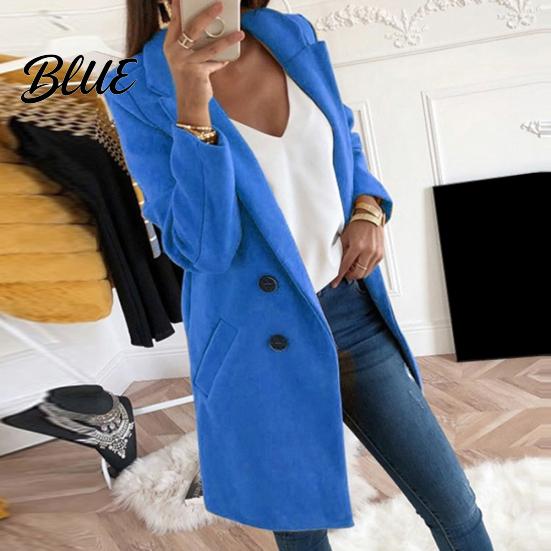 Solid Color Fashion Overcoat Coat Slim Fit Sleeve Lapel Women Long Pocket Button