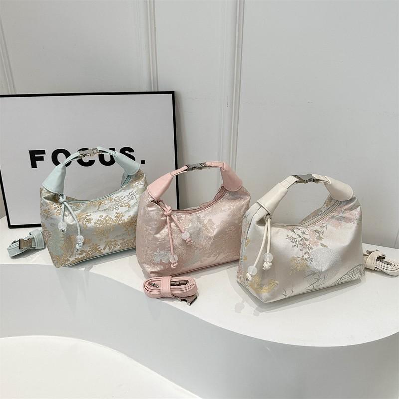 Tatlı Nakış Omuz Çantası Naylon Dokulu İnci Kolye Çapraz Askılı Çanta Küçük Kova El Çantası Kadın Kız