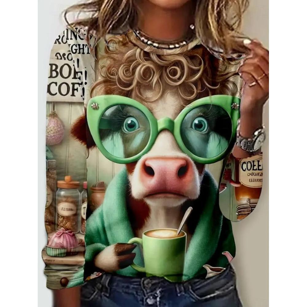 Funny Animal Cattle 3d Print Long Sleeve T-Shirt Women's Fashion Casual Oversized Round Neck T-Shirt