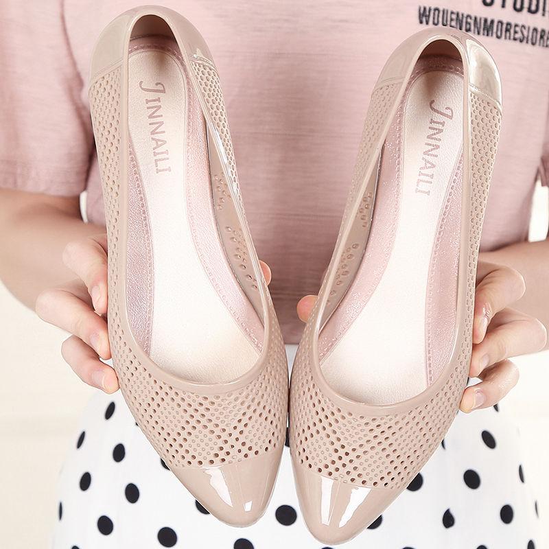 

Женские летние модные сандалии для ношения на открытом воздухе, нескользящие одинарные туфли на среднем каблуке, толстые каблуки, закрытый пластиковый носок, мягкая подошва 40 абрикосовый