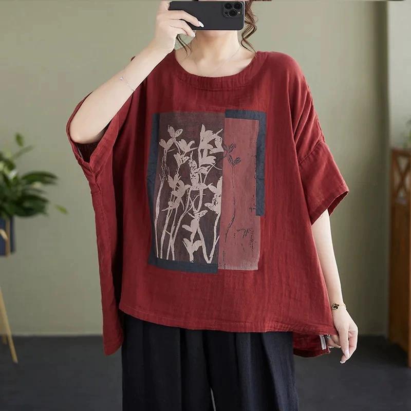 T-shirt a maniche corte in cotone e lino da donna, estiva, taglia grande, vestibilità larga, stile occidentale, con stampa, copre la pancia, maglietta snellente