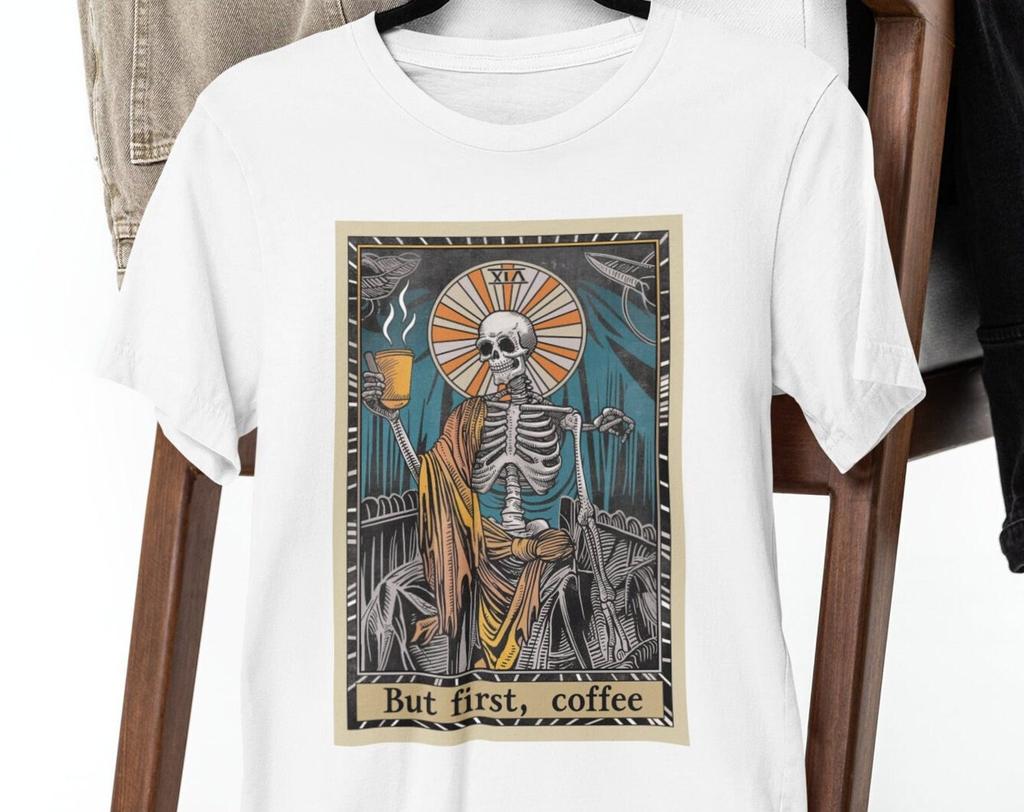 Tarot Skeleton Coffee T-Shirt: Unisex Cotton Tee