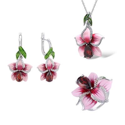 Set di gioielli con ciondolo a forma di fiore di rubino, collana intarsiata, orecchini a catena finta, anello, regalo di gioielli