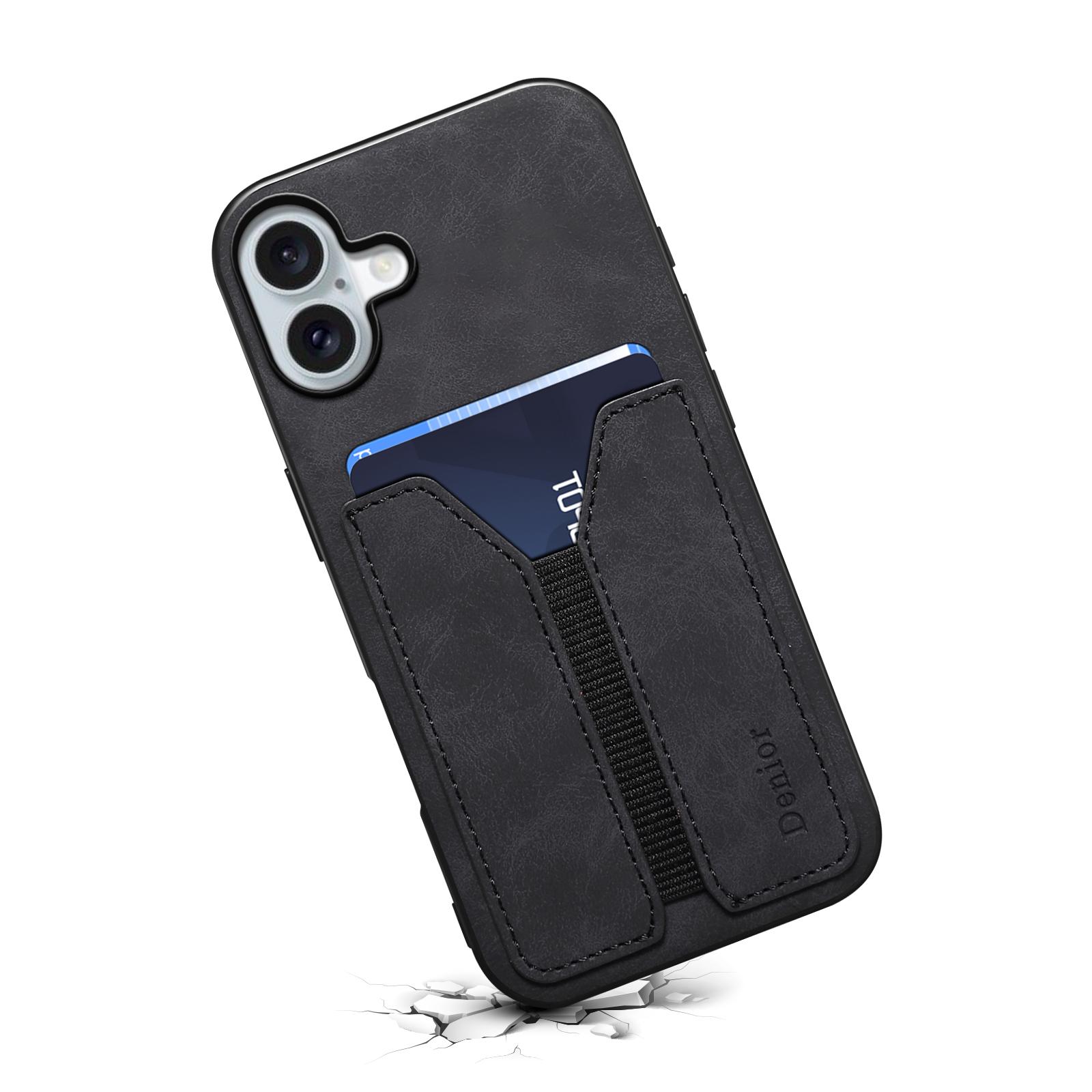 

DENIOR For iPhone 16 Case Elastic Card Holder PU Leather+TPU+PC Phone Cover Black