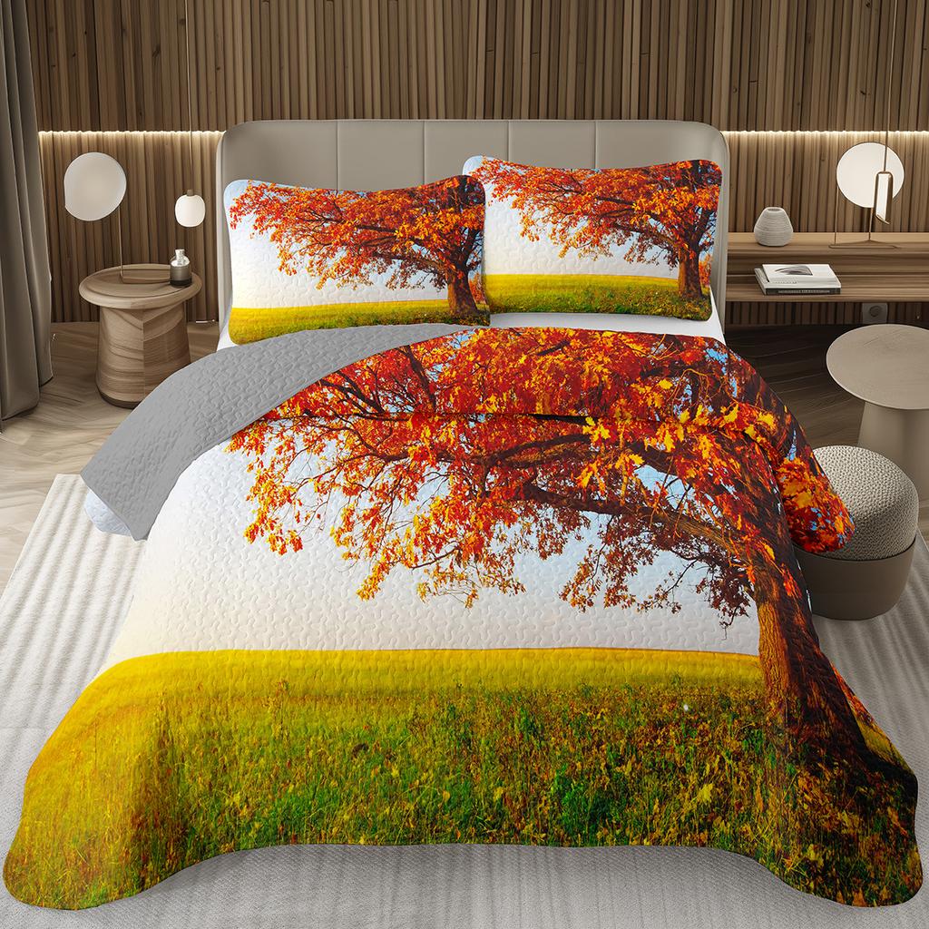 Fall Leaves Bedspread Set Queen/Twin, Autumn Maple Leaf Quilt Set, Soft Lightweight Botanical Coverlet, Rustic Farmhouse Bedding