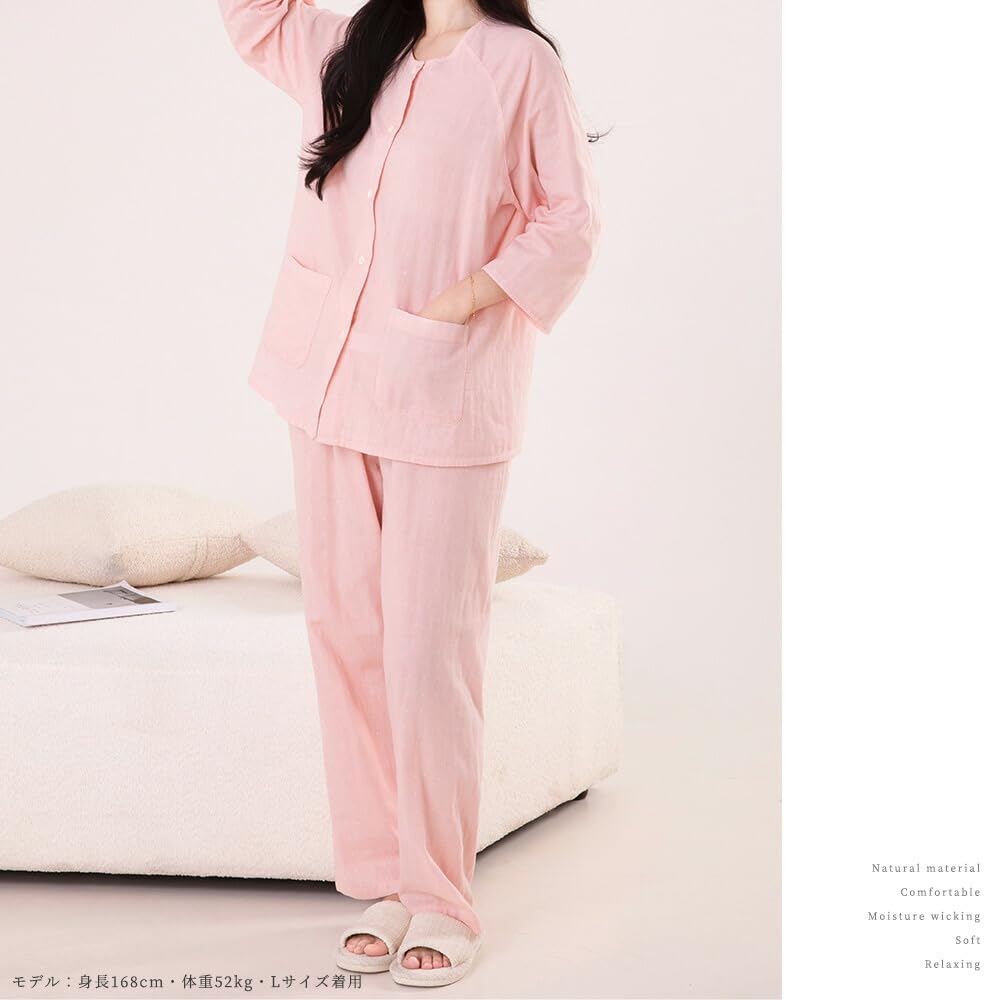 Yes Family Double Gauze Pajama Polka Dot Size Pink Polka Dots Women's Set, 100% Cotton, 3/4 Sleeves, Pattern, M,