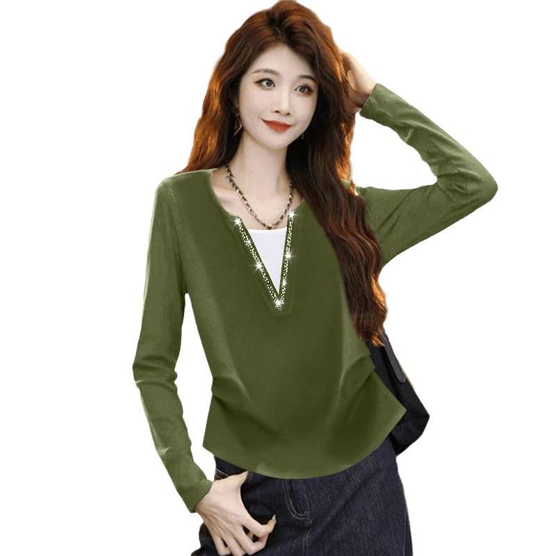 Autumn and Winter Base Button-down for Women Long-sleeved New Versatile Fitted Casual T-shirt for Spring Fake Two-piece Nail Beaded Diamond T-shirt