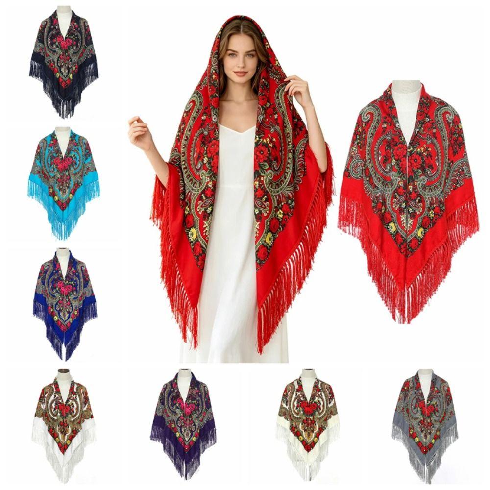 Polyester Russian Square Scarf Tassel Trim Floral Print Scarf Tassel Shawls Outdoor Activities