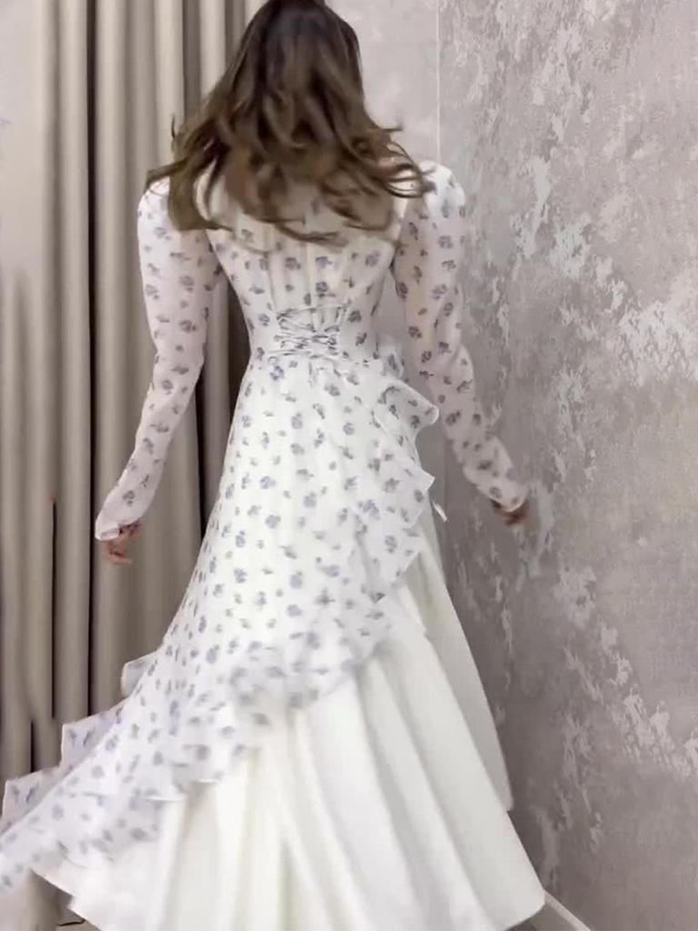 2025 Summer Floral Long Sleeve Maxi Dress - Elegant European & American Style