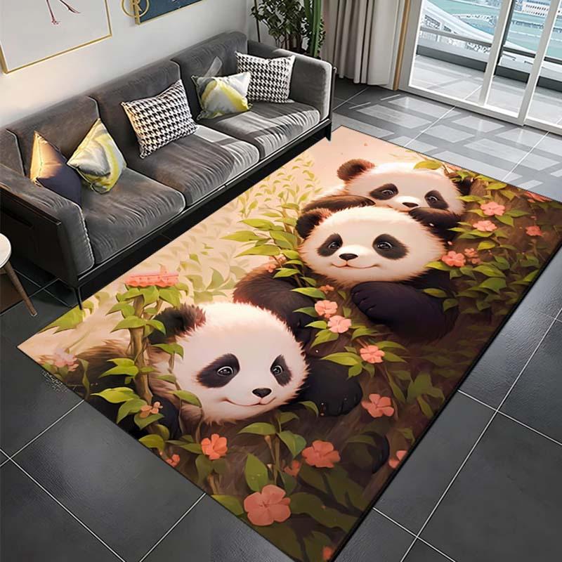 Weicher Polyester-Teppich mit Panda-Print - Rutschfest, Lebendiges Blumendesign mit niedlichen Pandas, Perfekt für Schlafzimmer- & Wohnzimmerdekoration, Kristall