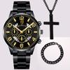 3 pezzi/set, 1 orologio da polso al quarzo con calendario da uomo alla moda e 1 braccialetto casual da uomo e 1 collana classica con croce, scelta ideale per regali per uomini