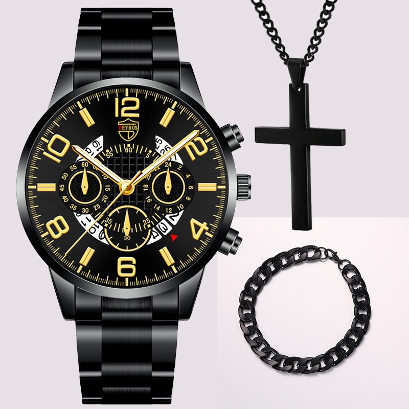 3 pezzi/set, 1 orologio da polso al quarzo con calendario da uomo alla moda e 1 braccialetto casual da uomo e 1 collana classica con croce, scelta ideale per regali per uomini