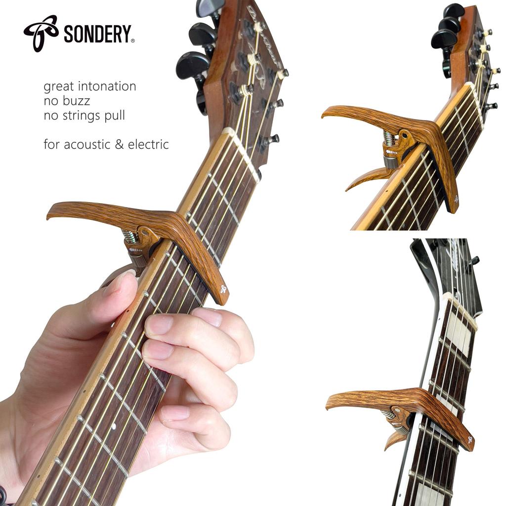 SONDERY Capo for Acoustic and Electric Adjustable Trigger Bridge Pin Removal Wood Grain Quick Change 6-String Guitars, Tension, Function, Finish,