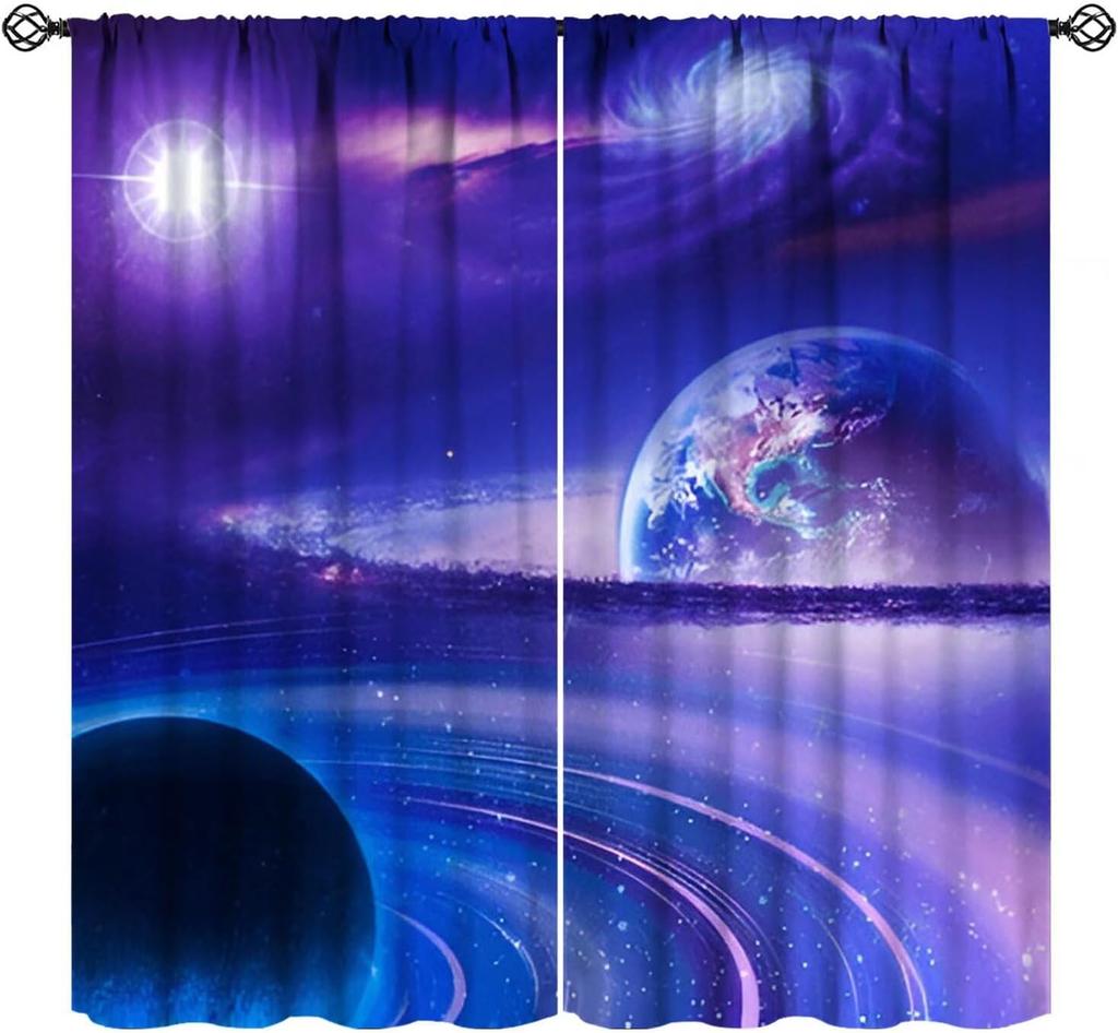 Outer Space Curtains Cartoon Astronaut Rocket Planets Stars Spaceman Universe Galaxy Print Window Kids Boys Made Of Polyester